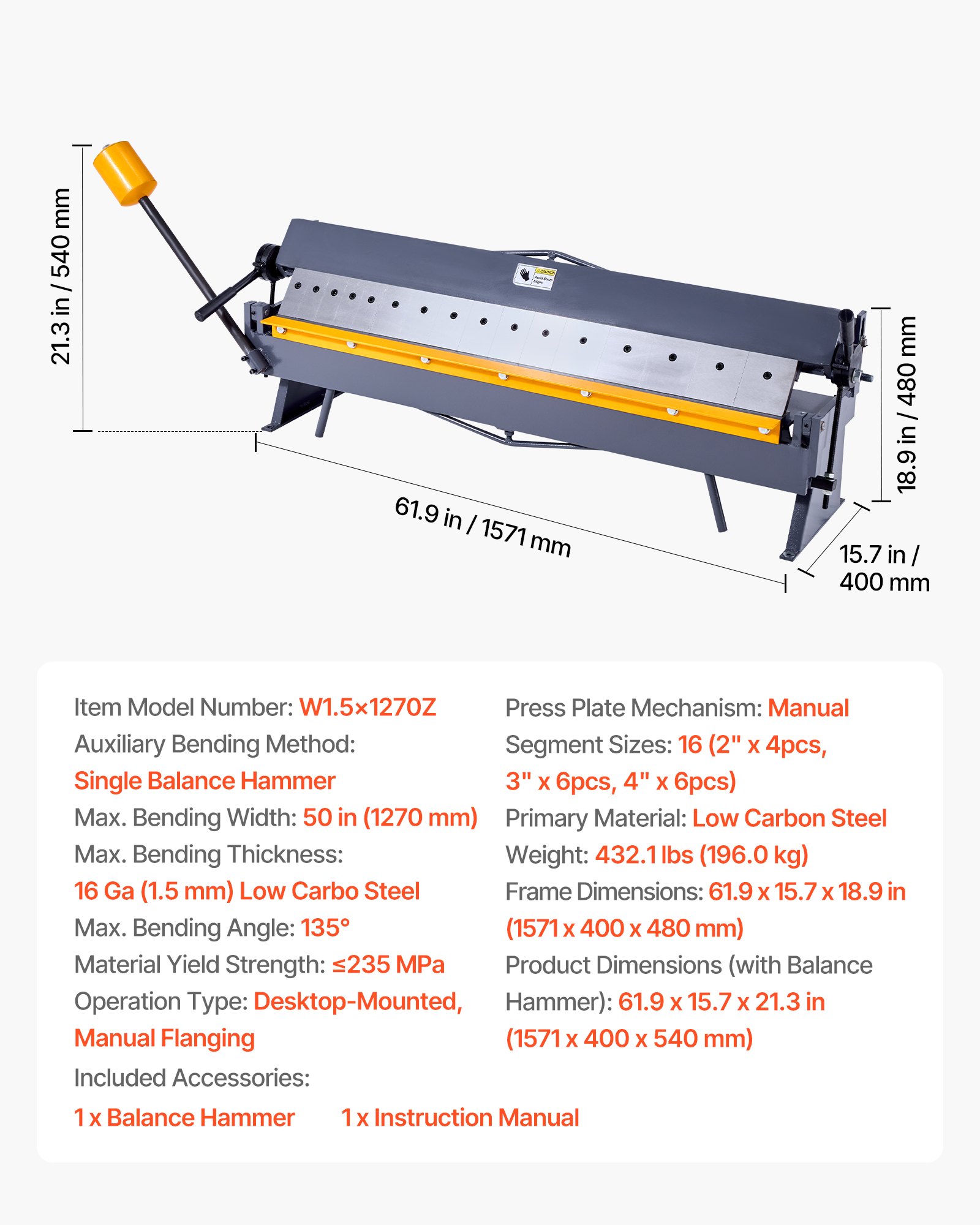 VEVOR Box and Pan Brake, 1270 mm Sheet Metal Bending Brake,16-Gauge Mild Steel Capacity, 0-135 Degree Adjustable, Metal Bender Machine with 16 Fingers, Heavy-Duty Aluminum Folder for Precise Bending