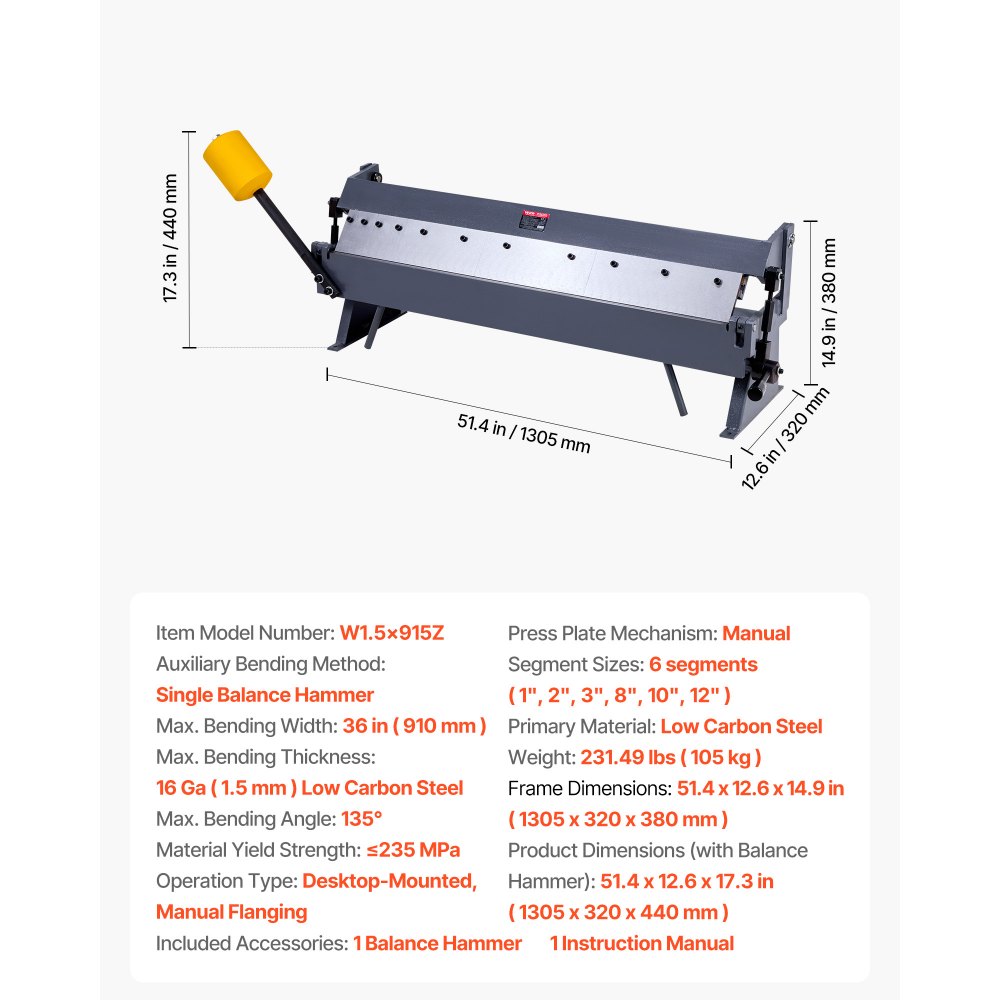 VEVOR Box and Pan Brake, 910 mm/36 inch Sheet Metal Bending Brake,16-Gauge Mild Steel Capacity, 0-135 Degree Adjustable, Metal Bender Machine with 6 Fingers, Heavy-Duty Aluminum Folder for Precise Bending