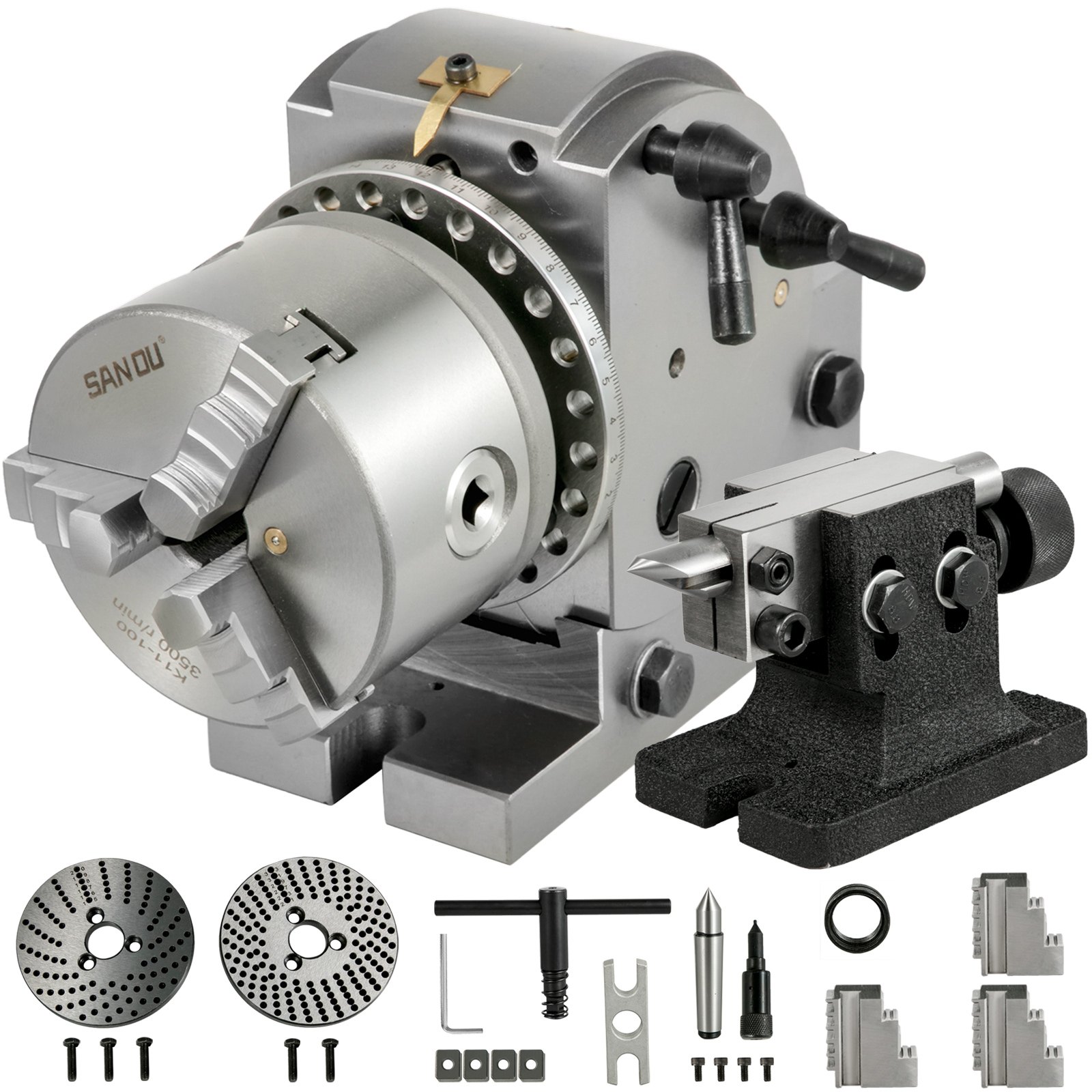 VEVOR Dividing Head, 100 mm, Indexing Head Milling, Semi-Universal Dividing Head, 3 jaw Chuck Dividing Head Set with Index Plates and Tailstock, for Precision Rotary Table