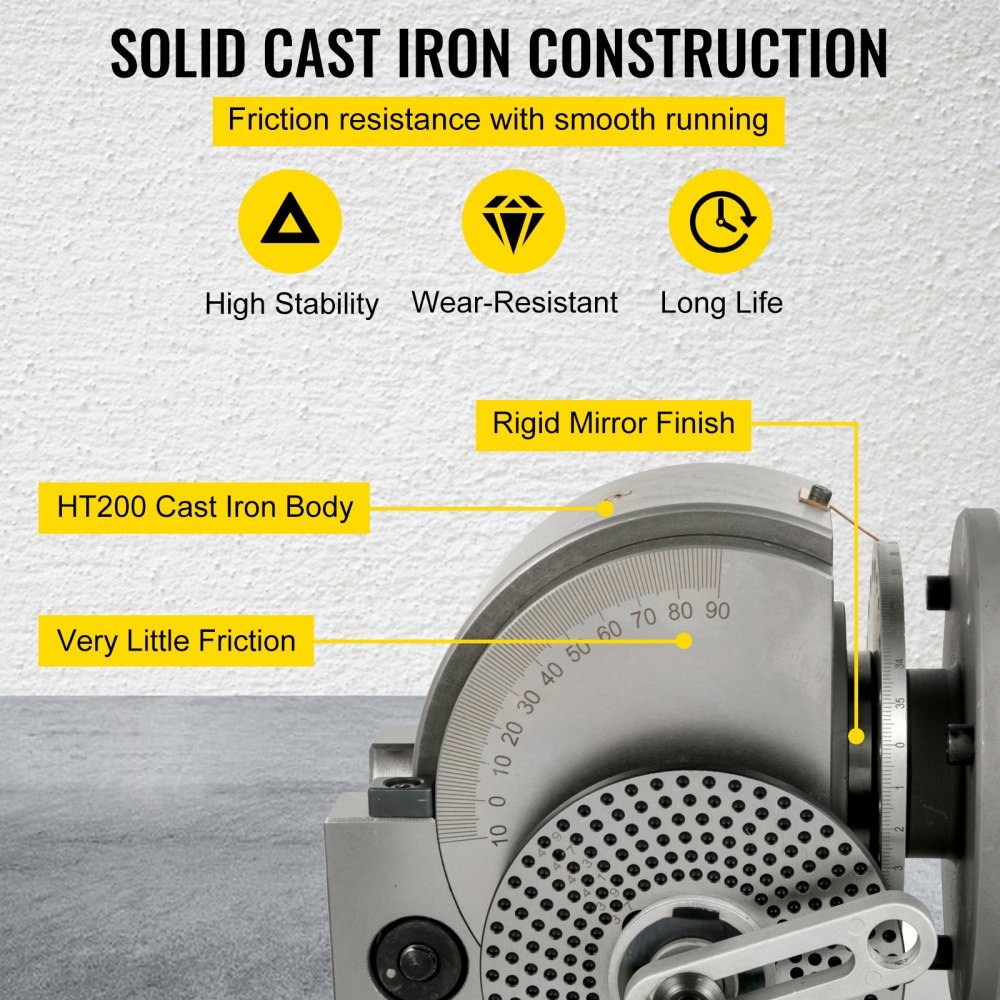 VEVOR dividing head with ht200 cast iron body, high stability, and very little friction.