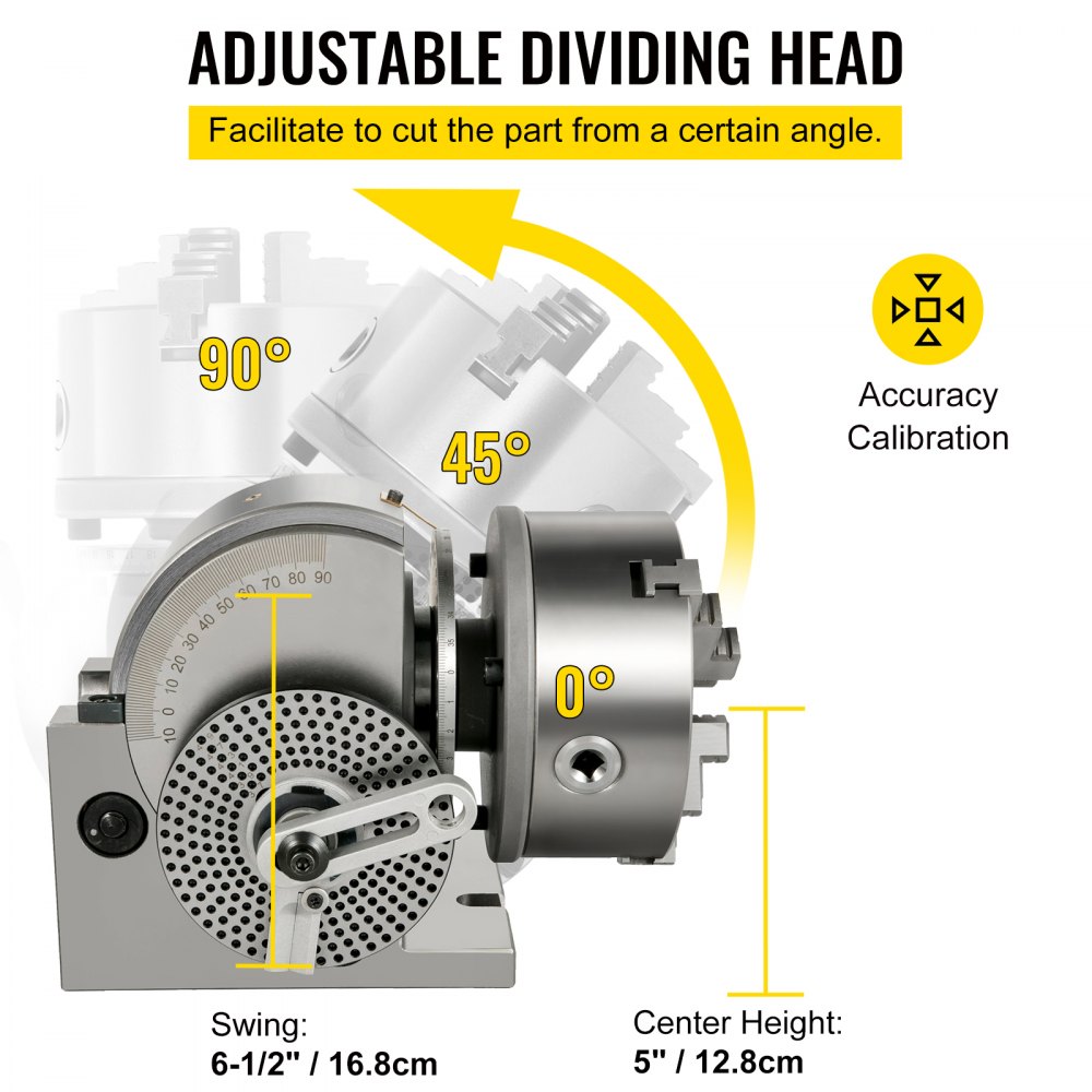 VEVOR dividing head adjustable positions with 90°, 45°, and 0° angles and calibration.