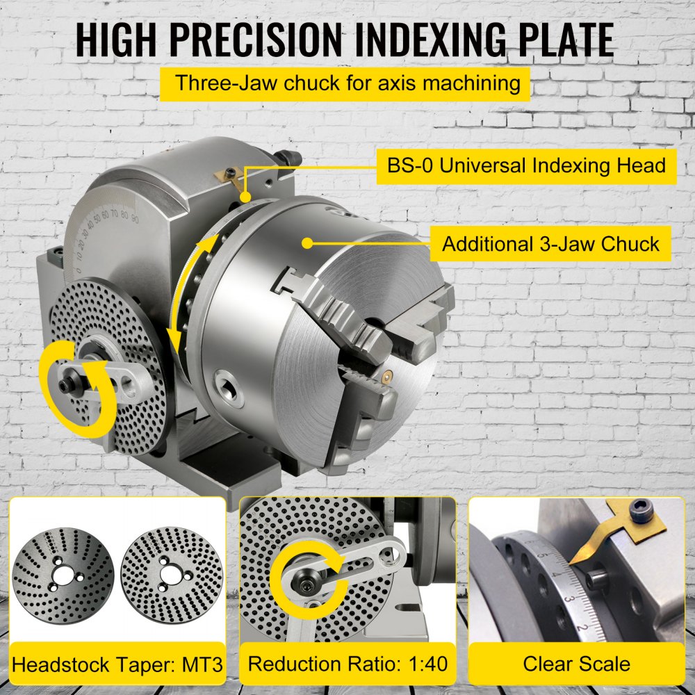 high precision indexing plate with VEVOR dividing head, three-jaw chuck, and clear scale.