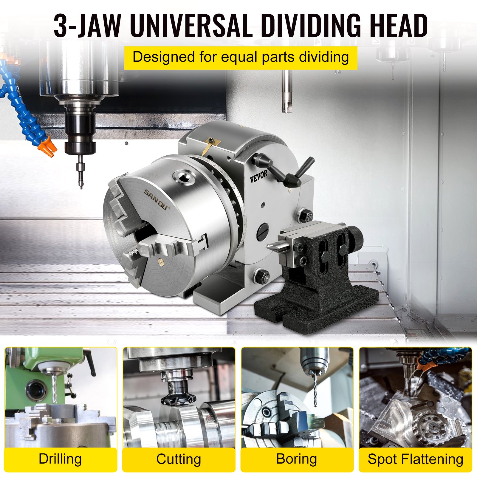 VEVOR dividing head with 3-jaw chuck for equal parts dividing, drilling, cutting, boring.