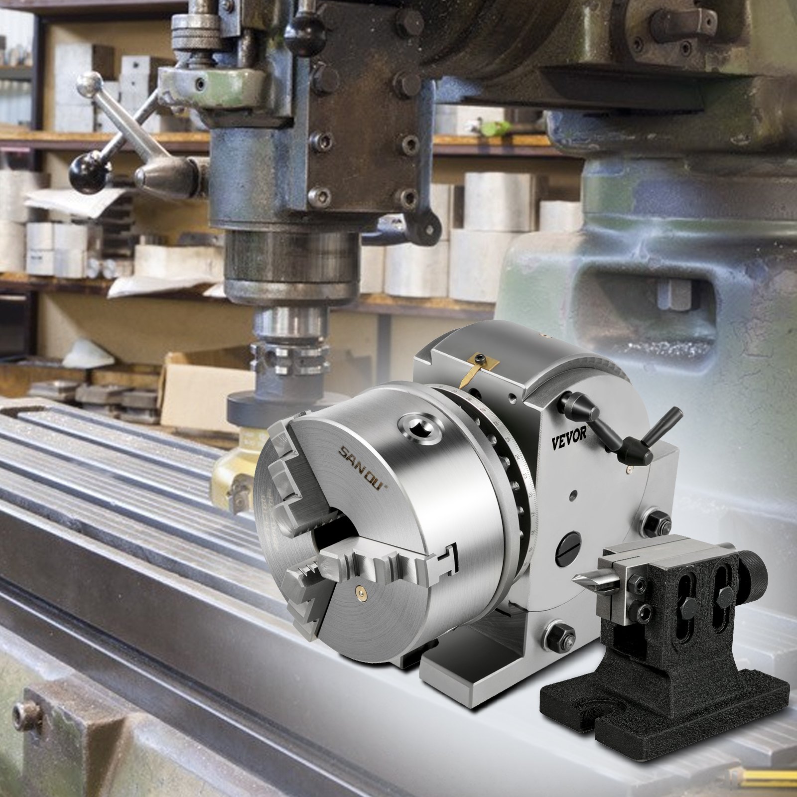 VEVOR dividing head mounted on a milling machine in a workshop.