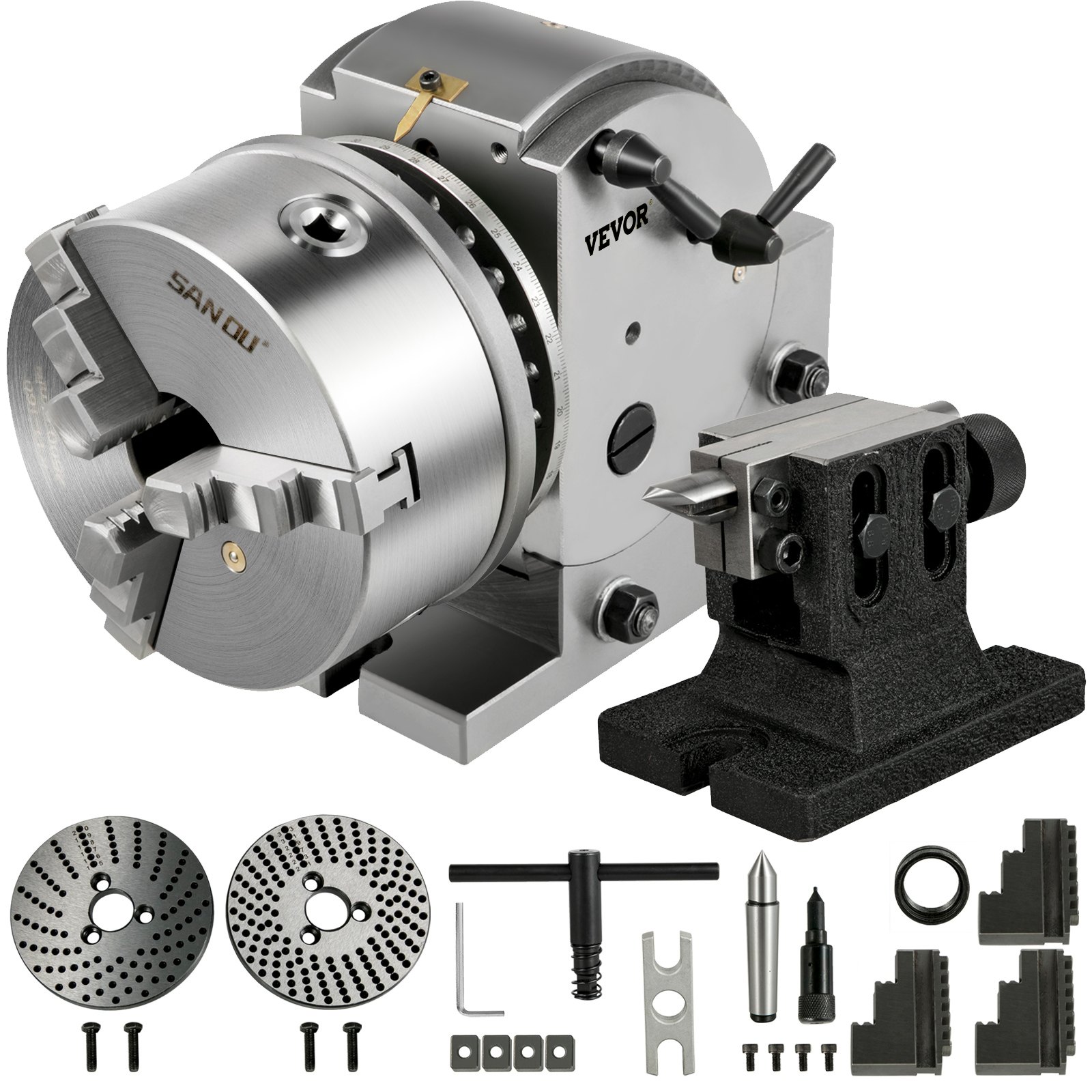 VEVOR dividing head with chuck, base, and assorted accessories.
