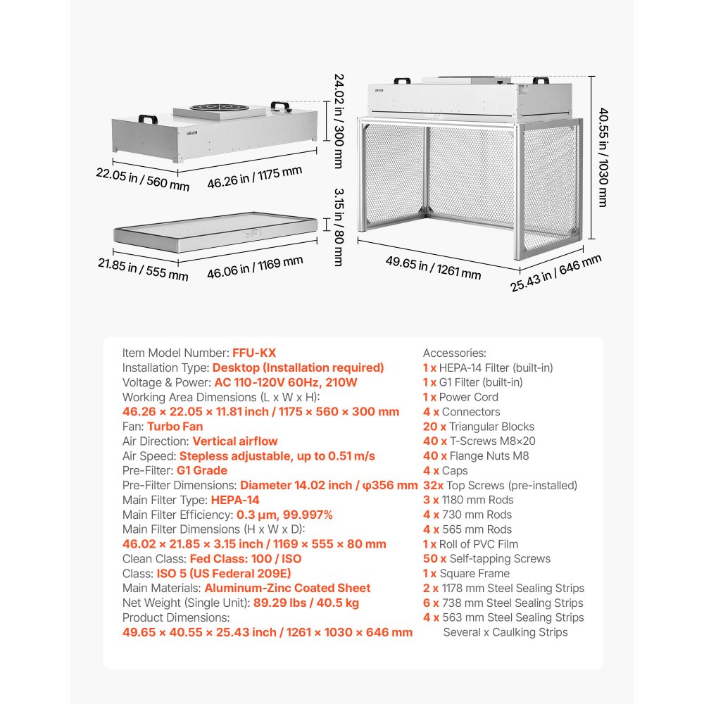 VEVOR Laminar Flow Hood, 24.02 x 46.06 x 27.36 inch Working Area FUU Fan Filter Unit, Meets Class 100/ISO 5 Clean Room Standards, with HEPA-14 Filter and G1 Pre-Filter, for Laboratory, Mushroom Room