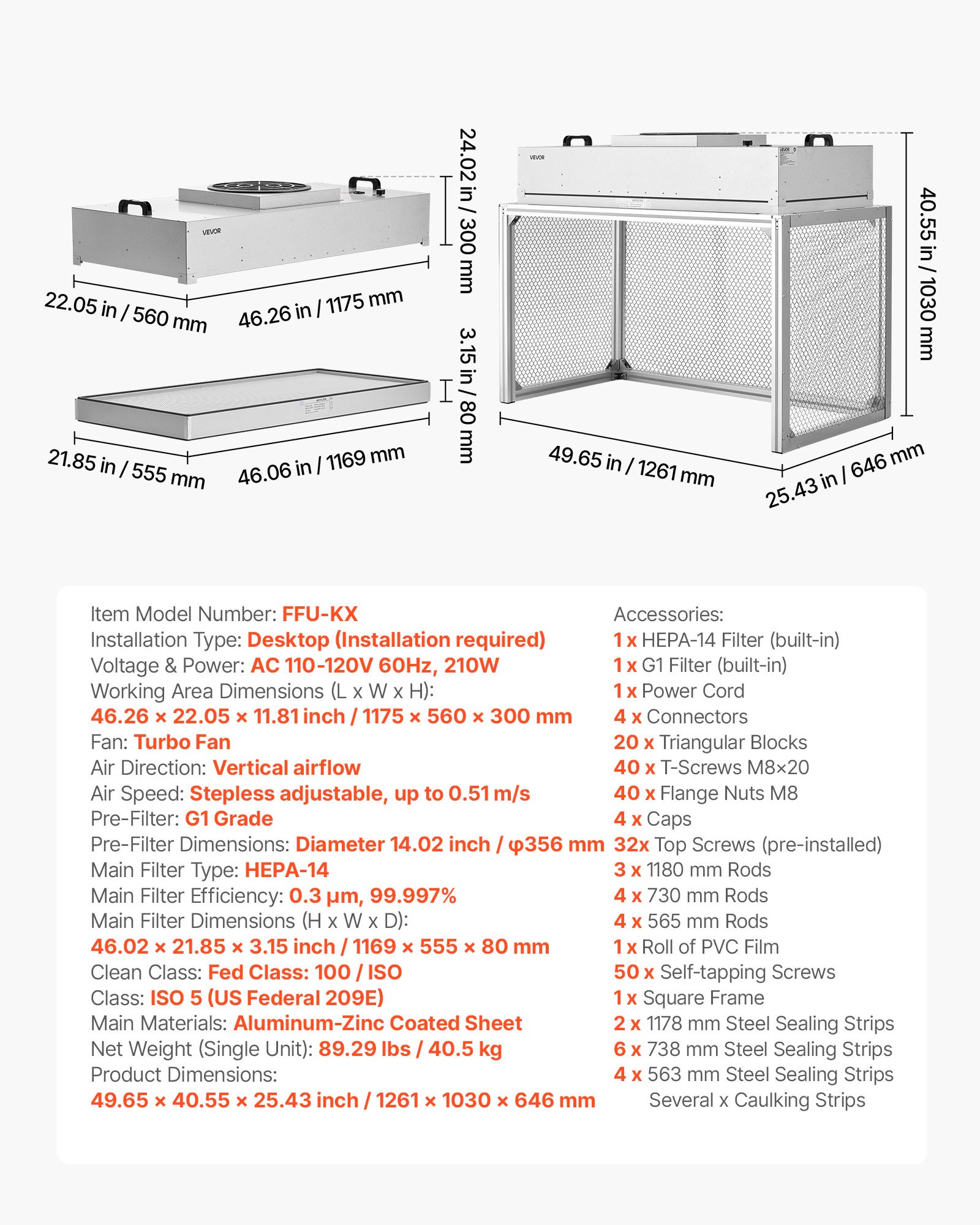 VEVOR Laminar Flow Hood, 24.02 x 46.06 x 27.36 inch Working Area FUU Fan Filter Unit, Meets Class 100/ISO 5 Clean Room Standards, with HEPA-14 Filter and G1 Pre-Filter, for Laboratory, Mushroom Room