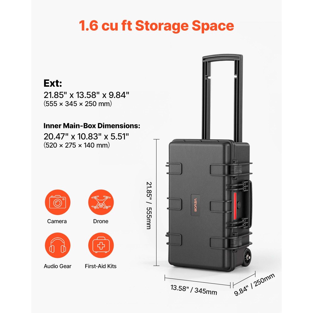 VEVOR Weatherproof Hard Case 555 x 345 x 250 mm All Weather Waterproof, for Drones, Camera and Equipment, Heavy Duty Protective Dry Box with Customizable Dividers, Retractable Handle, IP67, Black