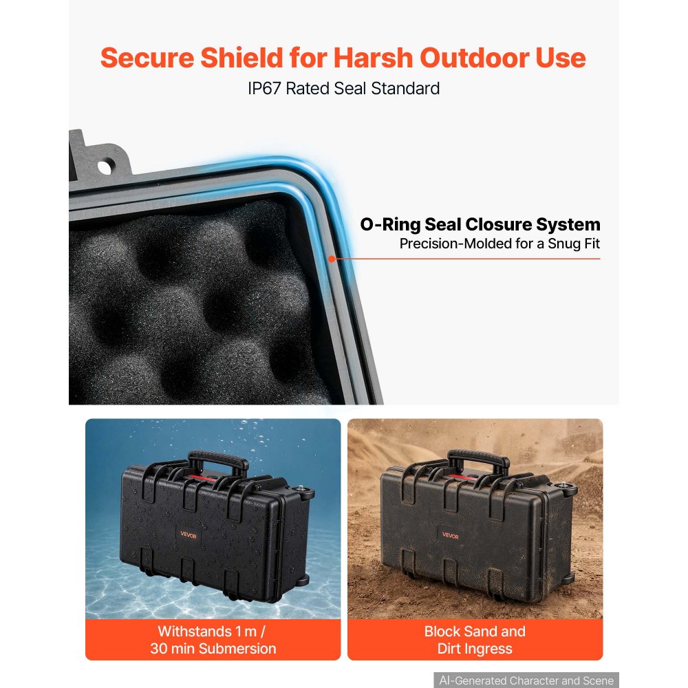 VEVOR Weatherproof Hard Case 555 x 345 x 250 mm All Weather Waterproof, for Drones, Camera and Equipment, Heavy Duty Protective Dry Box with Customizable Dividers, Retractable Handle, IP67, Black