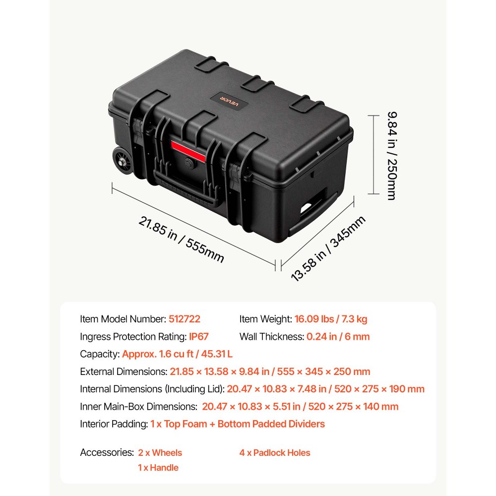 VEVOR Weatherproof Hard Case 555 x 345 x 250 mm All Weather Waterproof, for Drones, Camera and Equipment, Heavy Duty Protective Dry Box with Customizable Dividers, Retractable Handle, IP67, Black