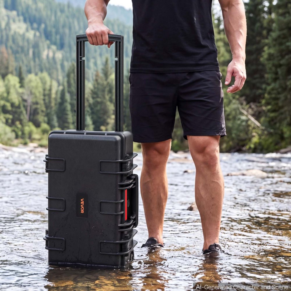 VEVOR Weatherproof Hard Case 555 x 345 x 250 mm All Weather Waterproof, for Drones, Camera and Equipment, Heavy Duty Protective Dry Box with Customizable Dividers, Retractable Handle, IP67, Black