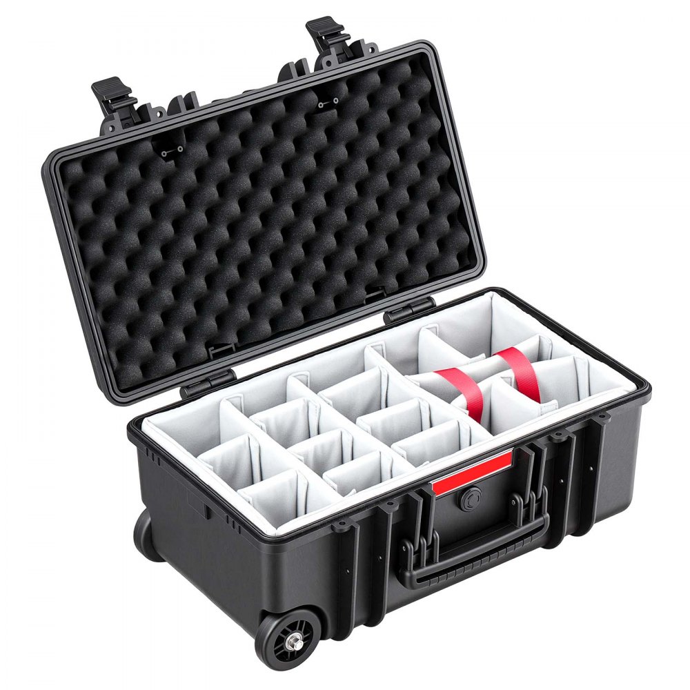 VEVOR Weatherproof Hard Case 555 x 345 x 250 mm All Weather Waterproof, for Drones, Camera and Equipment, Heavy Duty Protective Dry Box with Customizable Dividers, Retractable Handle, IP67, Black