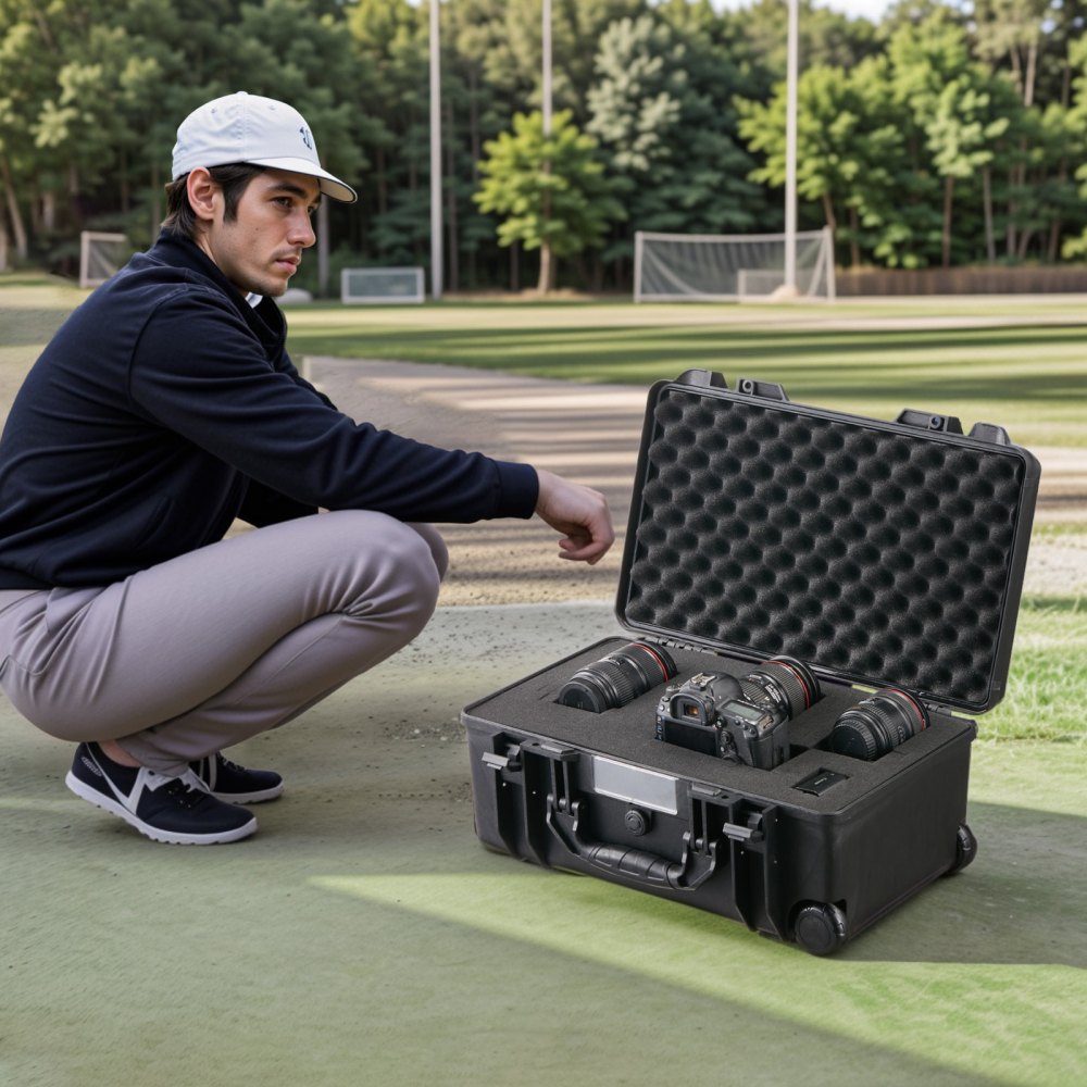 VEVOR Weatherproof Hard Case, Heavy Duty Protective Dry Box Case with Pre-cut Foam, Wheels & Retractable Pull Handles for Travel, Hunt, Military, Tactical, IP67 Waterproof Case for Cameras (55x34x24 cm)