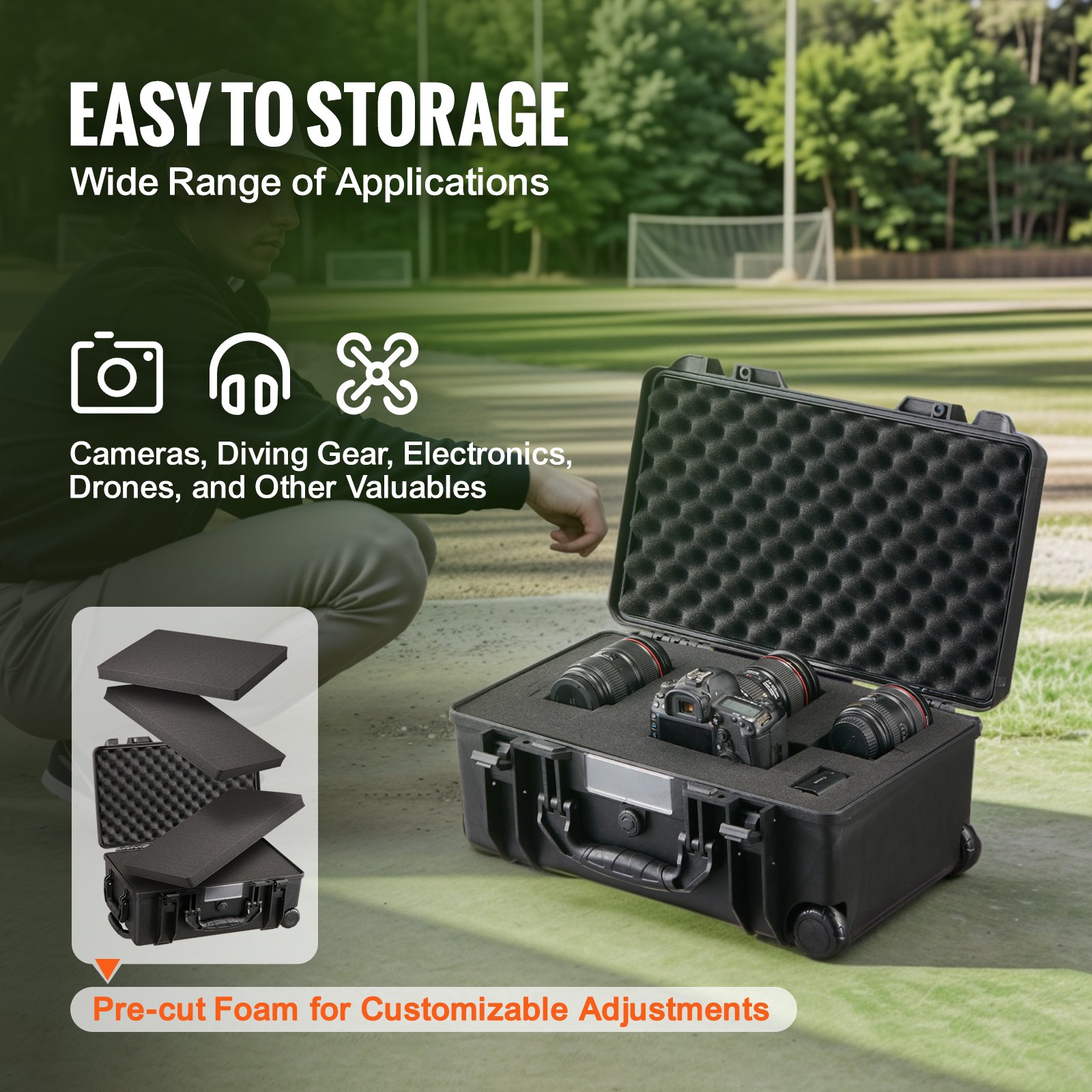 VEVOR Weatherproof Hard Case, Heavy Duty Protective Dry Box Case with Pre-cut Foam, Wheels & Retractable Pull Handles for Travel, Hunt, Military, Tactical, IP67 Waterproof Case for Cameras (55x34x24 cm)