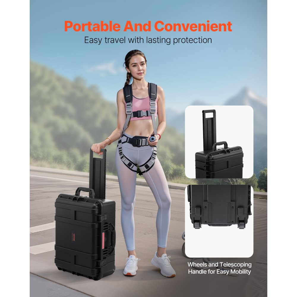 VEVOR 2.5 Cu.ft Weatherproof Hard Case, Waterproof Hard Case with Rolling Wheels and Retractable Pull Handle, IP67 Waterproof Protective Case with 4 Clips, 4 Padlock Holes, and Foam Inserted, Black