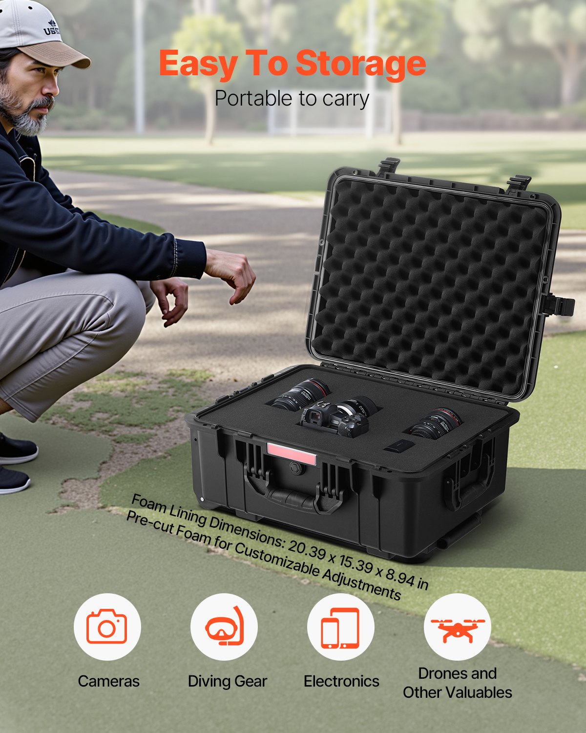 VEVOR 2.5 Cu.ft Weatherproof Hard Case, Waterproof Hard Case with Rolling Wheels and Retractable Pull Handle, IP67 Waterproof Protective Case with 4 Clips, 4 Padlock Holes, and Foam Inserted, Black