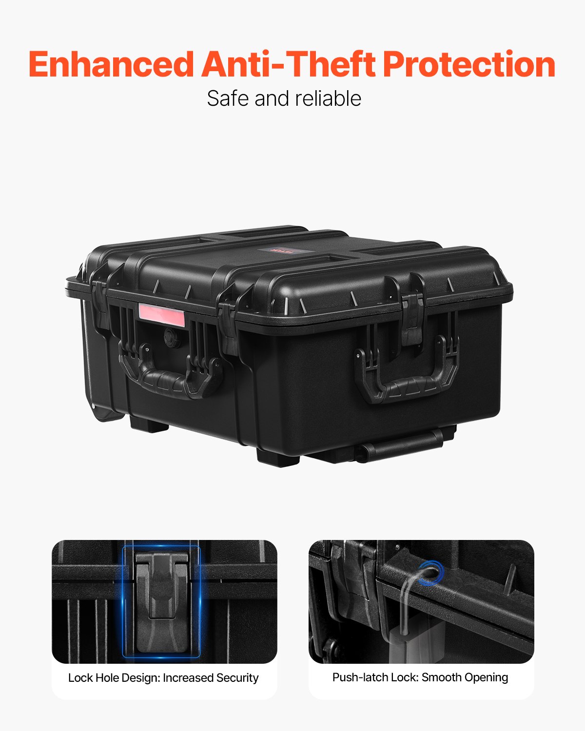 VEVOR 2.5 Cu.ft Weatherproof Hard Case, Waterproof Hard Case with Rolling Wheels and Retractable Pull Handle, IP67 Waterproof Protective Case with 4 Clips, 4 Padlock Holes, and Foam Inserted, Black