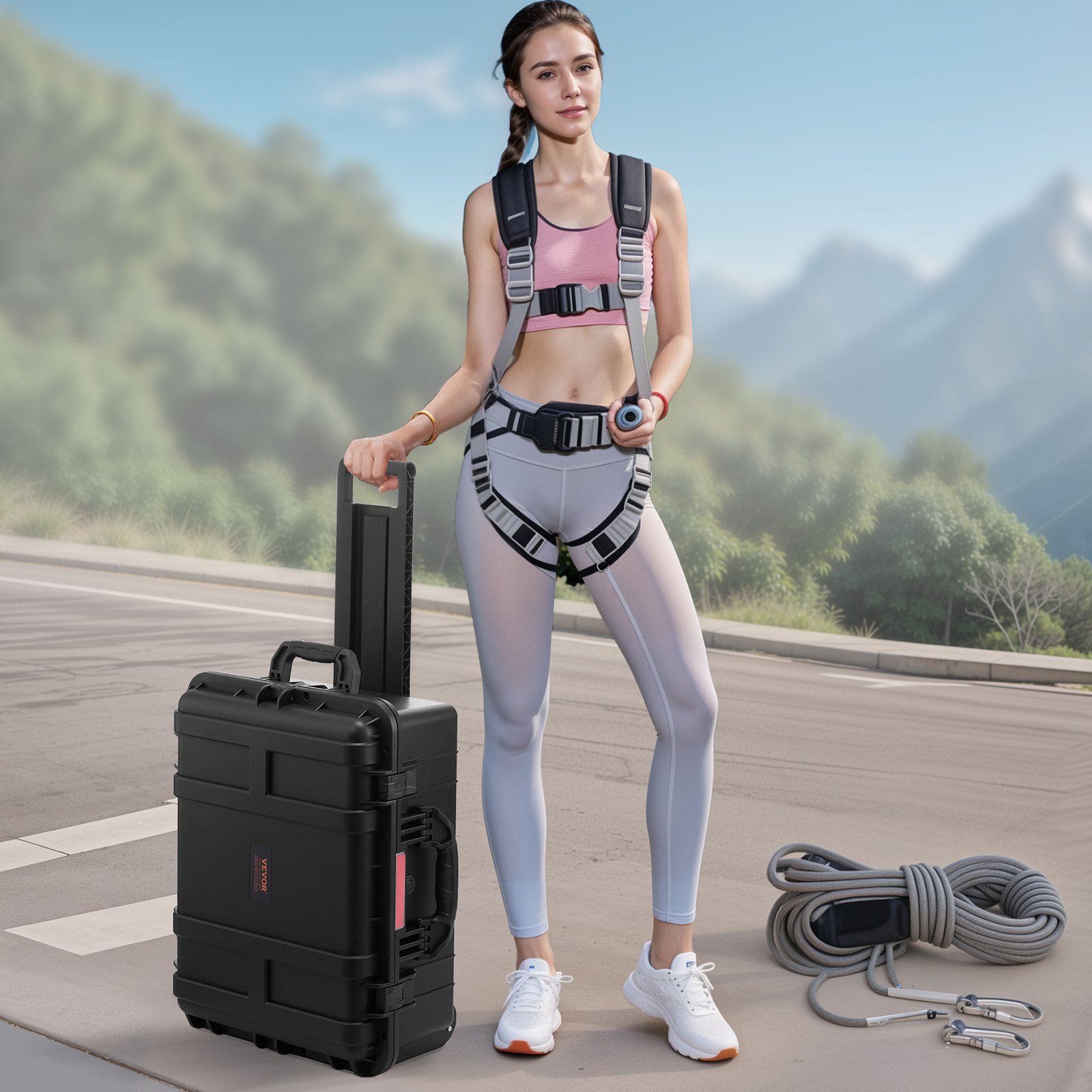 VEVOR 2.5 Cu.ft Weatherproof Hard Case, Waterproof Hard Case with Rolling Wheels and Retractable Pull Handle, IP67 Waterproof Protective Case with 4 Clips, 4 Padlock Holes, and Foam Inserted, Black