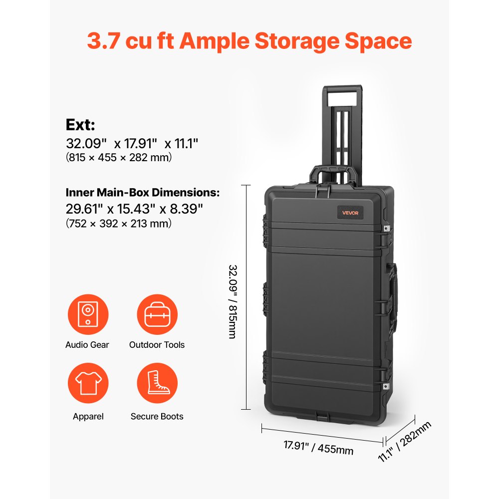 VEVOR Weatherproof Hard Case 815 x 455 x 282 mm All Weather Waterproof, For Audio Gear and Outdoor Tools, Heavy Duty Protective Dry Box with Reinforced Latches, Retractable Handle, IP67, Black