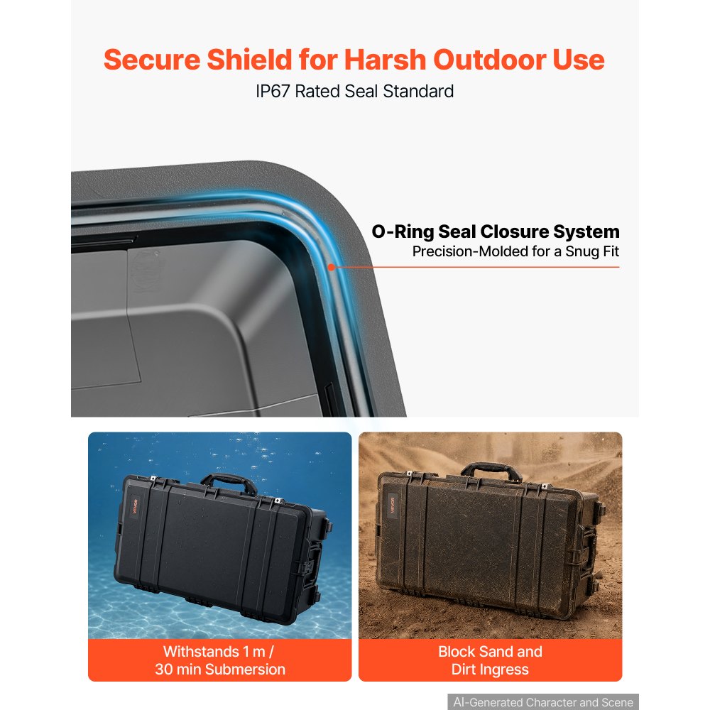 VEVOR Weatherproof Hard Case 815 x 455 x 282 mm All Weather Waterproof, For Audio Gear and Outdoor Tools, Heavy Duty Protective Dry Box with Reinforced Latches, Retractable Handle, IP67, Black