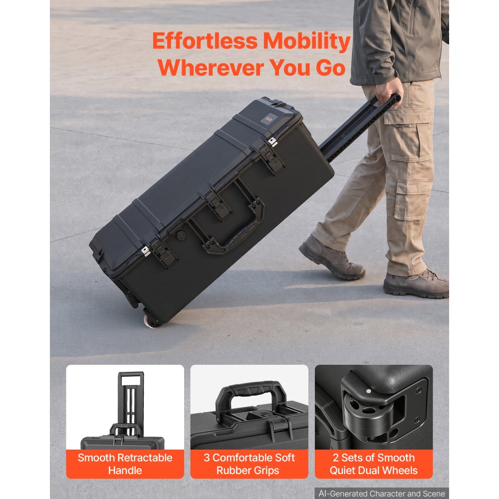 VEVOR Weatherproof Hard Case 815 x 455 x 282 mm All Weather Waterproof, For Audio Gear and Outdoor Tools, Heavy Duty Protective Dry Box with Reinforced Latches, Retractable Handle, IP67, Black