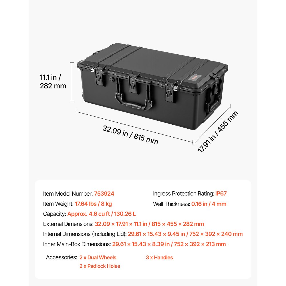 VEVOR Weatherproof Hard Case 815 x 455 x 282 mm All Weather Waterproof, For Audio Gear and Outdoor Tools, Heavy Duty Protective Dry Box with Reinforced Latches, Retractable Handle, IP67, Black