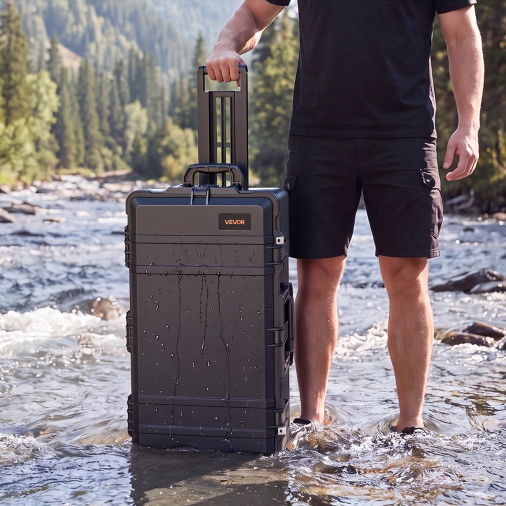 VEVOR Weatherproof Hard Case 815 x 455 x 282 mm All Weather Waterproof, For Audio Gear and Outdoor Tools, Heavy Duty Protective Dry Box with Reinforced Latches, Retractable Handle, IP67, Black