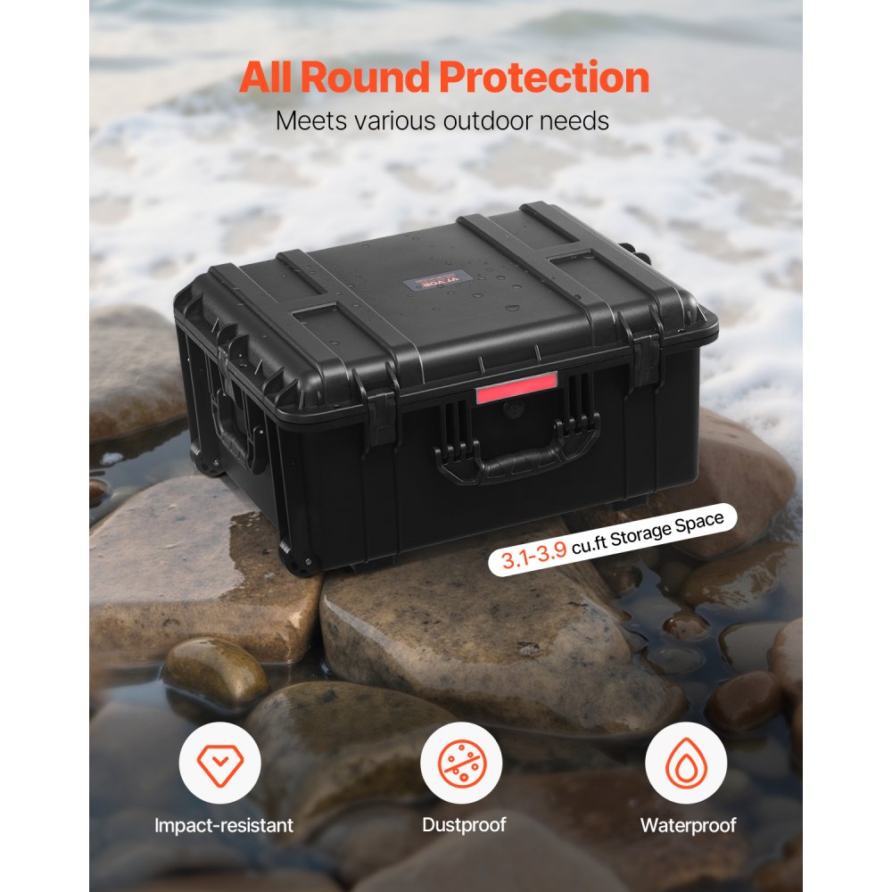 VEVOR 3.5 Cu.ft Weatherproof Hard Case, Waterproof Hard Case with Rolling Wheels & Retractable Pull Handle, IP67 Waterproof Protective Case with Clips, Padlock Holes, and Foam Inserted, Black (Large)