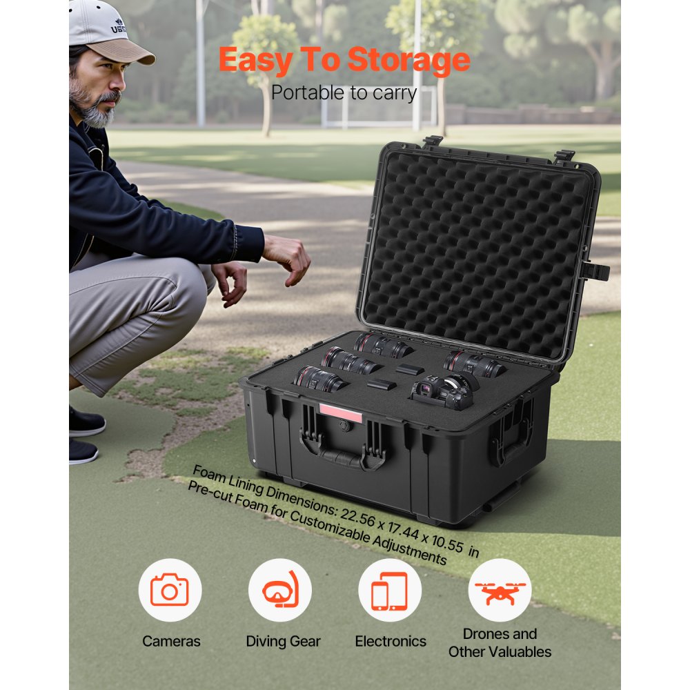 VEVOR 3.5 Cu.ft Weatherproof Hard Case, Waterproof Hard Case with Rolling Wheels & Retractable Pull Handle, IP67 Waterproof Protective Case with Clips, Padlock Holes, and Foam Inserted, Black (Large)