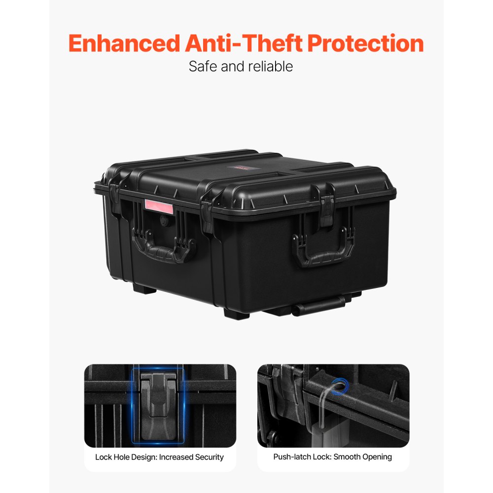 VEVOR 3.5 Cu.ft Weatherproof Hard Case, Waterproof Hard Case with Rolling Wheels & Retractable Pull Handle, IP67 Waterproof Protective Case with Clips, Padlock Holes, and Foam Inserted, Black (Large)
