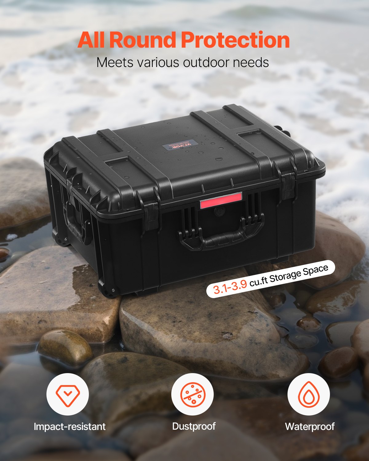 VEVOR 3.5 Cu.ft Weatherproof Hard Case, Waterproof Hard Case with Rolling Wheels & Retractable Pull Handle, IP67 Waterproof Protective Case with Clips, Padlock Holes, and Foam Inserted, Black (Large)