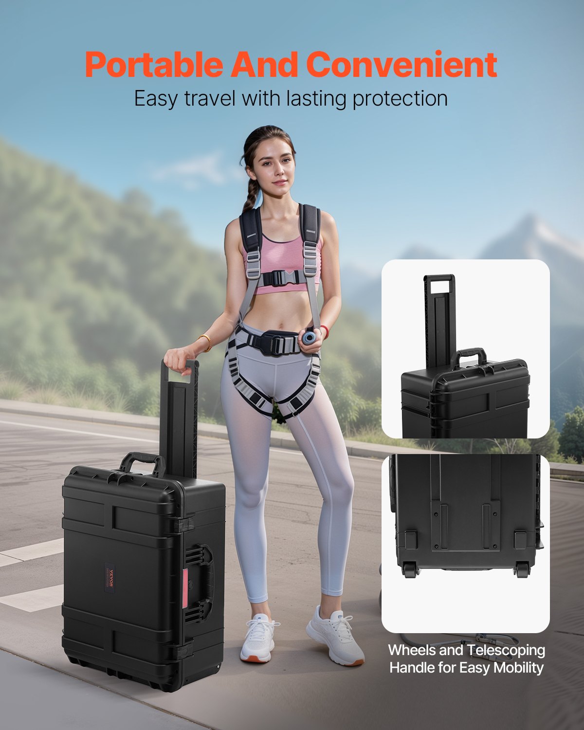 VEVOR 3.5 Cu.ft Weatherproof Hard Case, Waterproof Hard Case with Rolling Wheels & Retractable Pull Handle, IP67 Waterproof Protective Case with Clips, Padlock Holes, and Foam Inserted, Black (Large)