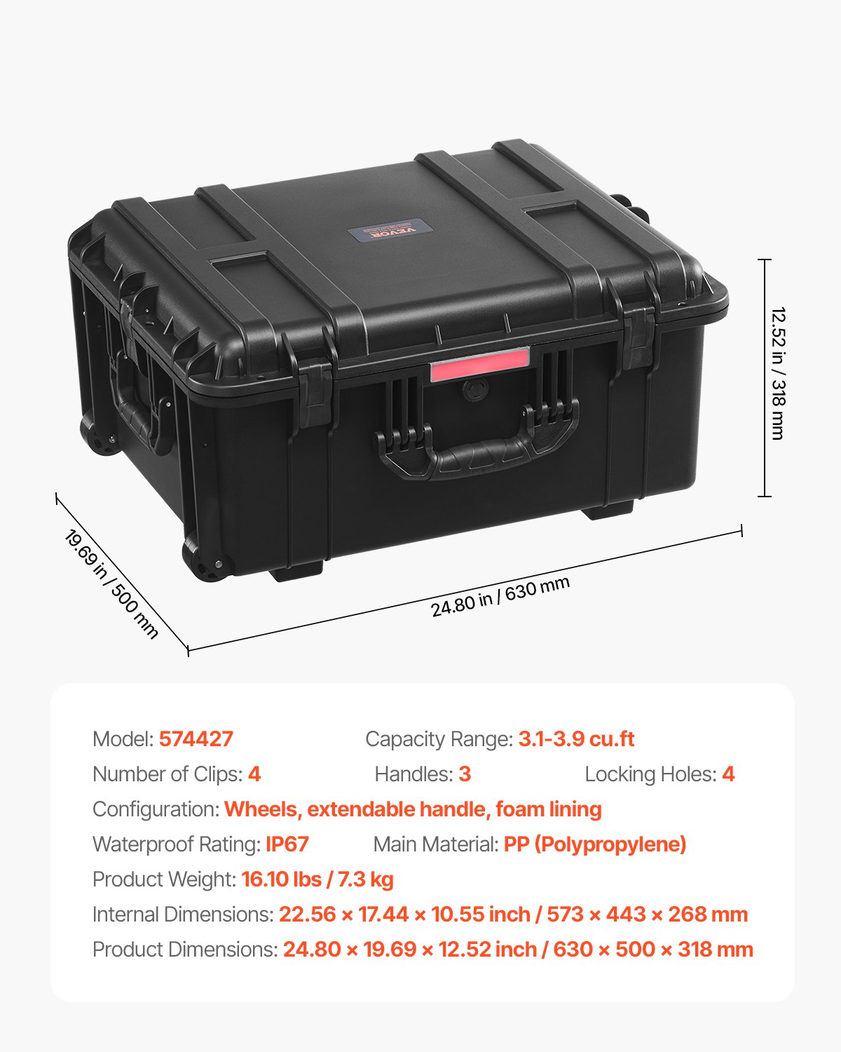 VEVOR 3.5 Cu.ft Weatherproof Hard Case, Waterproof Hard Case with Rolling Wheels & Retractable Pull Handle, IP67 Waterproof Protective Case with Clips, Padlock Holes, and Foam Inserted, Black (Large)