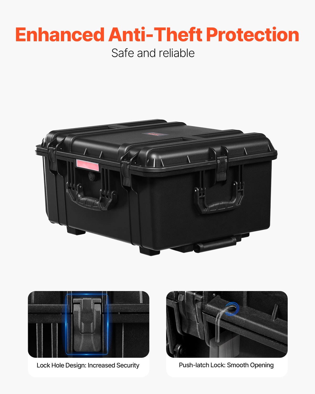 VEVOR 3.5 Cu.ft Weatherproof Hard Case, Waterproof Hard Case with Rolling Wheels & Retractable Pull Handle, IP67 Waterproof Protective Case with Clips, Padlock Holes, and Foam Inserted, Black (Large)