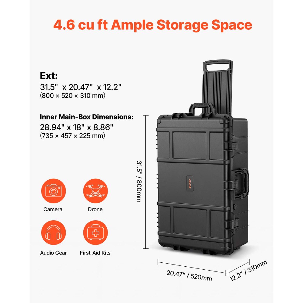 VEVOR Weatherproof Hard Case 800 x 520 x 310 mm with Pre-cut Foam, for Drones, Camera and Equipment, All Weather Waterproof, Heavy Duty Protective Dry Box with Retractable Handle, IP67, Black