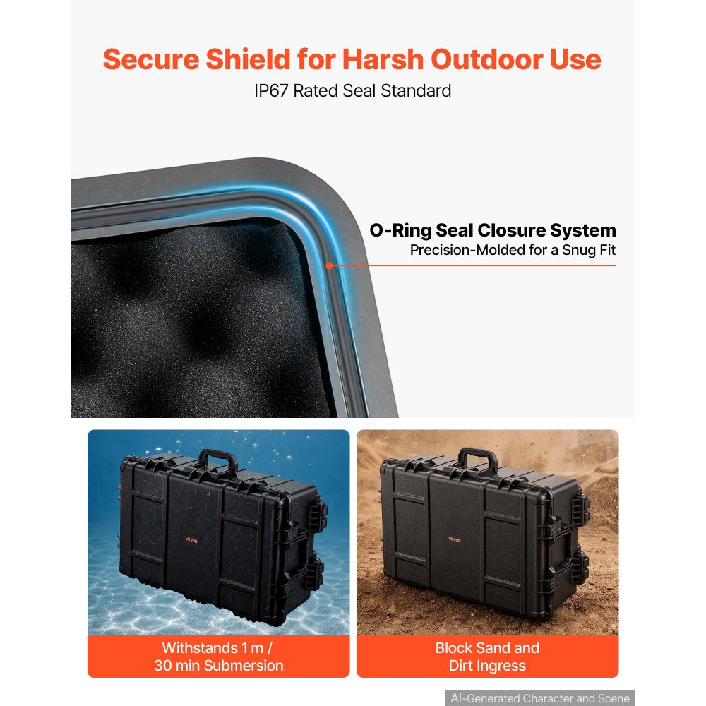 VEVOR Weatherproof Hard Case 800 x 520 x 310 mm with Pre-cut Foam, for Drones, Camera and Equipment, All Weather Waterproof, Heavy Duty Protective Dry Box with Retractable Handle, IP67, Black
