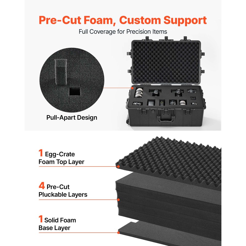VEVOR Weatherproof Hard Case 800 x 520 x 310 mm with Pre-cut Foam, for Drones, Camera and Equipment, All Weather Waterproof, Heavy Duty Protective Dry Box with Retractable Handle, IP67, Black
