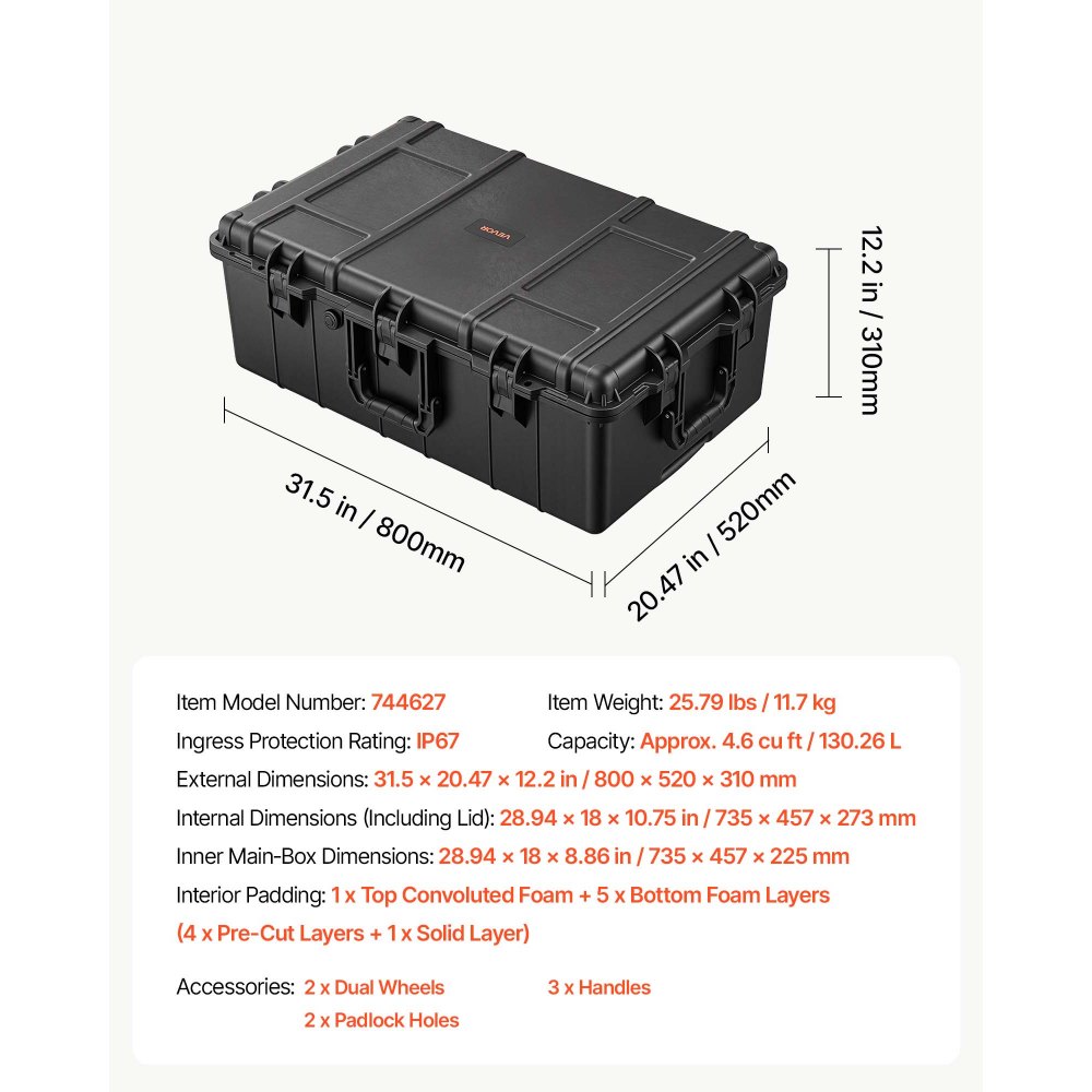 VEVOR Weatherproof Hard Case 800 x 520 x 310 mm with Pre-cut Foam, for Drones, Camera and Equipment, All Weather Waterproof, Heavy Duty Protective Dry Box with Retractable Handle, IP67, Black