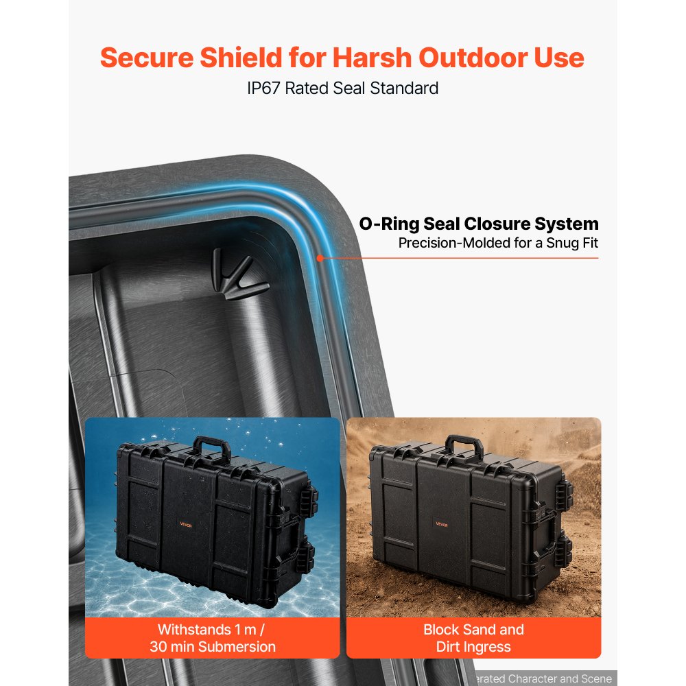 VEVOR Weatherproof Hard Case 800 x 520 x 310 mm All Weather Waterproof, For Audio Gear and Outdoor Tools, Heavy Duty Protective Dry Box with Reinforced Latches, Retractable Handle, IP67, Black