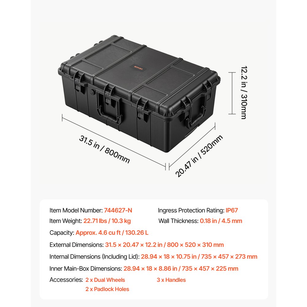 VEVOR Weatherproof Hard Case 800 x 520 x 310 mm All Weather Waterproof, For Audio Gear and Outdoor Tools, Heavy Duty Protective Dry Box with Reinforced Latches, Retractable Handle, IP67, Black