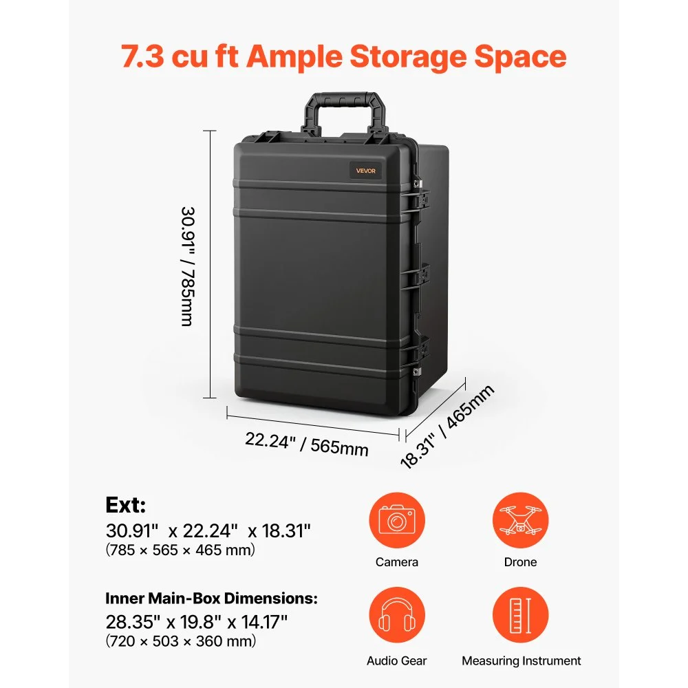 VEVOR Weatherproof Hard Case 785 x 565 x 465 mm All Weather Waterproof, for Drones, Camera and Equipment, Heavy Duty Protective Dry Box with Pre-cut Foam, Rubber Grips, Quiet Wheels, IP67, Black