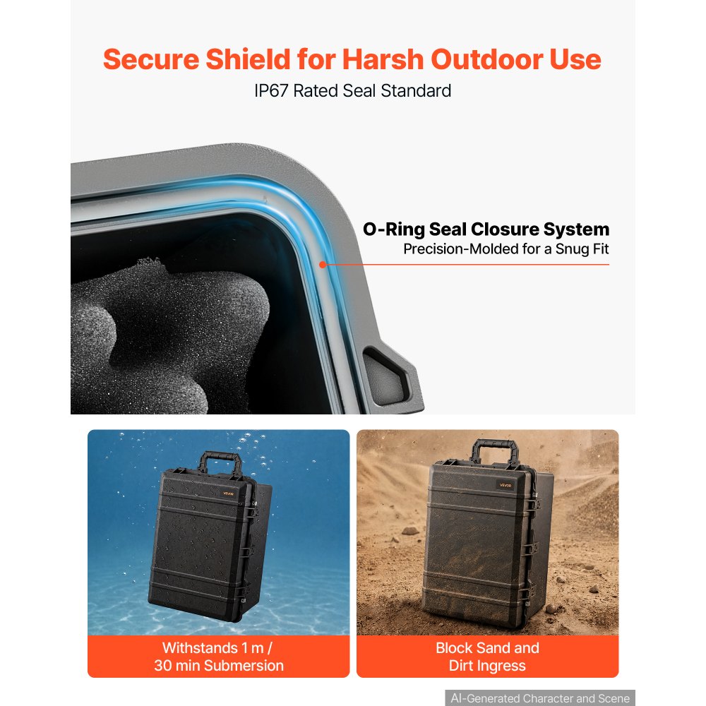 VEVOR Weatherproof Hard Case 785 x 565 x 465 mm All Weather Waterproof, for Drones, Camera and Equipment, Heavy Duty Protective Dry Box with Pre-cut Foam, Rubber Grips, Quiet Wheels, IP67, Black