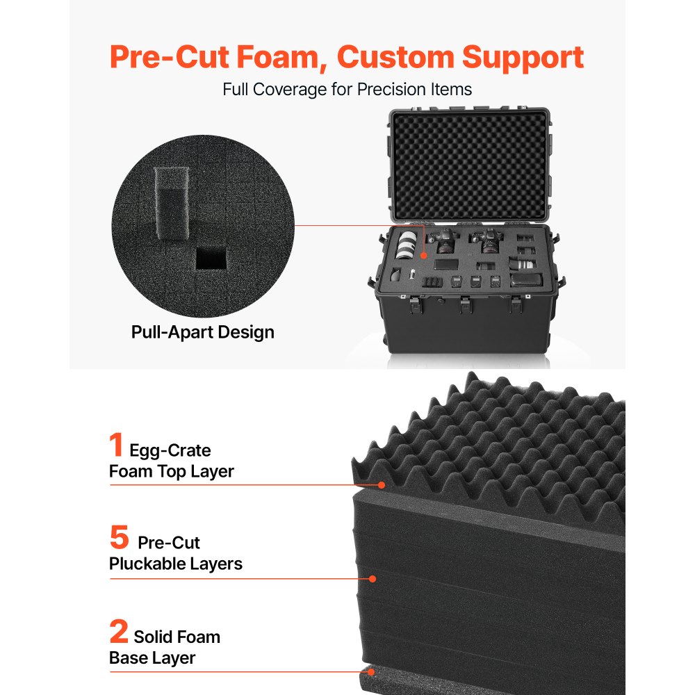 VEVOR Weatherproof Hard Case 785 x 565 x 465 mm All Weather Waterproof, for Drones, Camera and Equipment, Heavy Duty Protective Dry Box with Pre-cut Foam, Rubber Grips, Quiet Wheels, IP67, Black