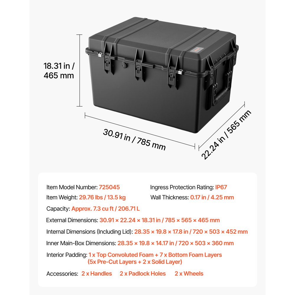 VEVOR Weatherproof Hard Case 785 x 565 x 465 mm All Weather Waterproof, for Drones, Camera and Equipment, Heavy Duty Protective Dry Box with Pre-cut Foam, Rubber Grips, Quiet Wheels, IP67, Black