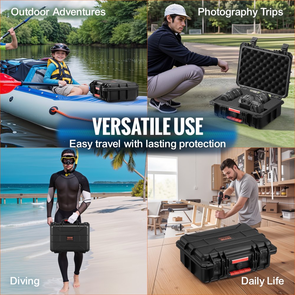 VEVOR Weatherproof Hard Case, Heavy Duty Protective Dry Box Case with Pre-cut Foam, and Retractable Pull Handles for Travel, Hunting, Military, Tactical, IP67 Waterproof Case for Cameras (40x32x16.6)
