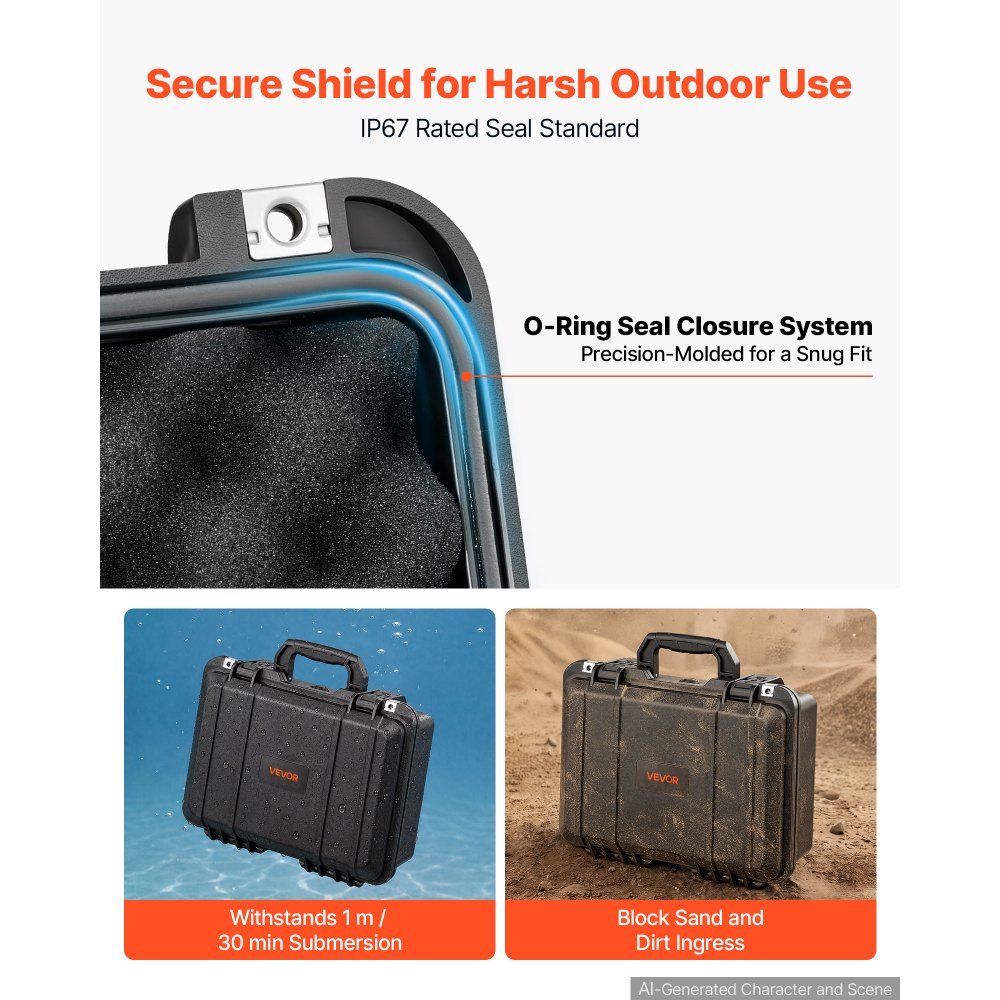 VEVOR Weatherproof Hard Case 404 x 320 x 170 mm All Weather Waterproof, for Drones, Camera and Equipment, Heavy Duty Protective Dry Box with Pre-cut Foam, Soft Rubber Grip, IP67, PP Shell, Black