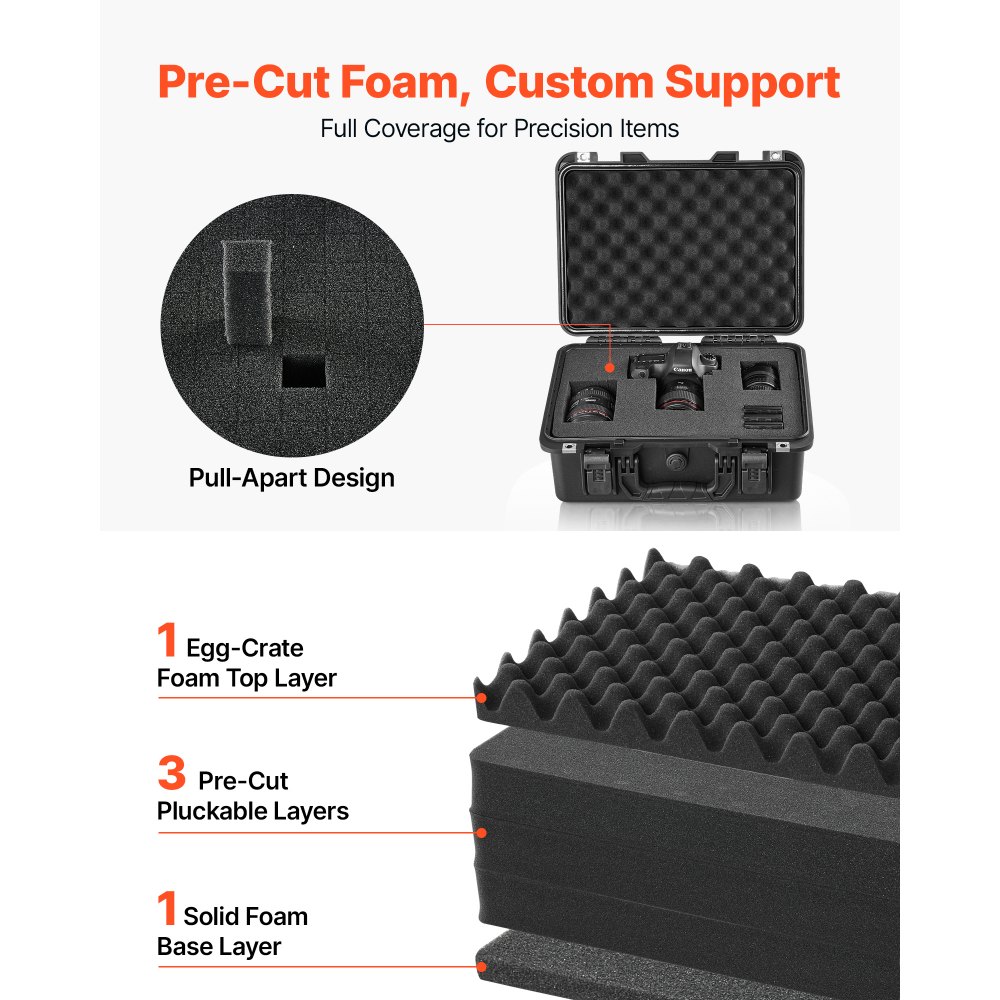 VEVOR Weatherproof Hard Case 404 x 320 x 170 mm All Weather Waterproof, for Drones, Camera and Equipment, Heavy Duty Protective Dry Box with Pre-cut Foam, Soft Rubber Grip, IP67, PP Shell, Black