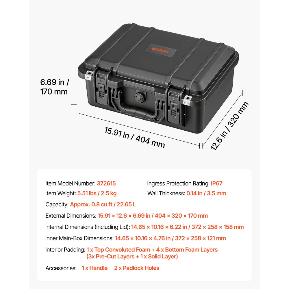 VEVOR Weatherproof Hard Case 404 x 320 x 170 mm All Weather Waterproof, for Drones, Camera and Equipment, Heavy Duty Protective Dry Box with Pre-cut Foam, Soft Rubber Grip, IP67, PP Shell, Black