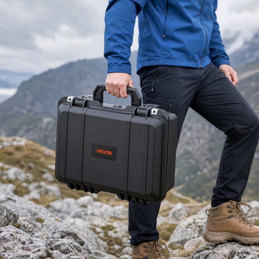 VEVOR Weatherproof Hard Case 404 x 320 x 170 mm All Weather Waterproof, for Drones, Camera and Equipment, Heavy Duty Protective Dry Box with Pre-cut Foam, Soft Rubber Grip, IP67, PP Shell, Black