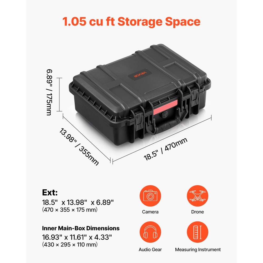 VEVOR Weatherproof Hard Case 470 x 355 x 175 mm All Weather Waterproof, for Drones, Camera and Equipment, Heavy Duty Protective Dry Box with Pre-cut Foam, Soft Rubber Grip, IP67, PP Shell, Black